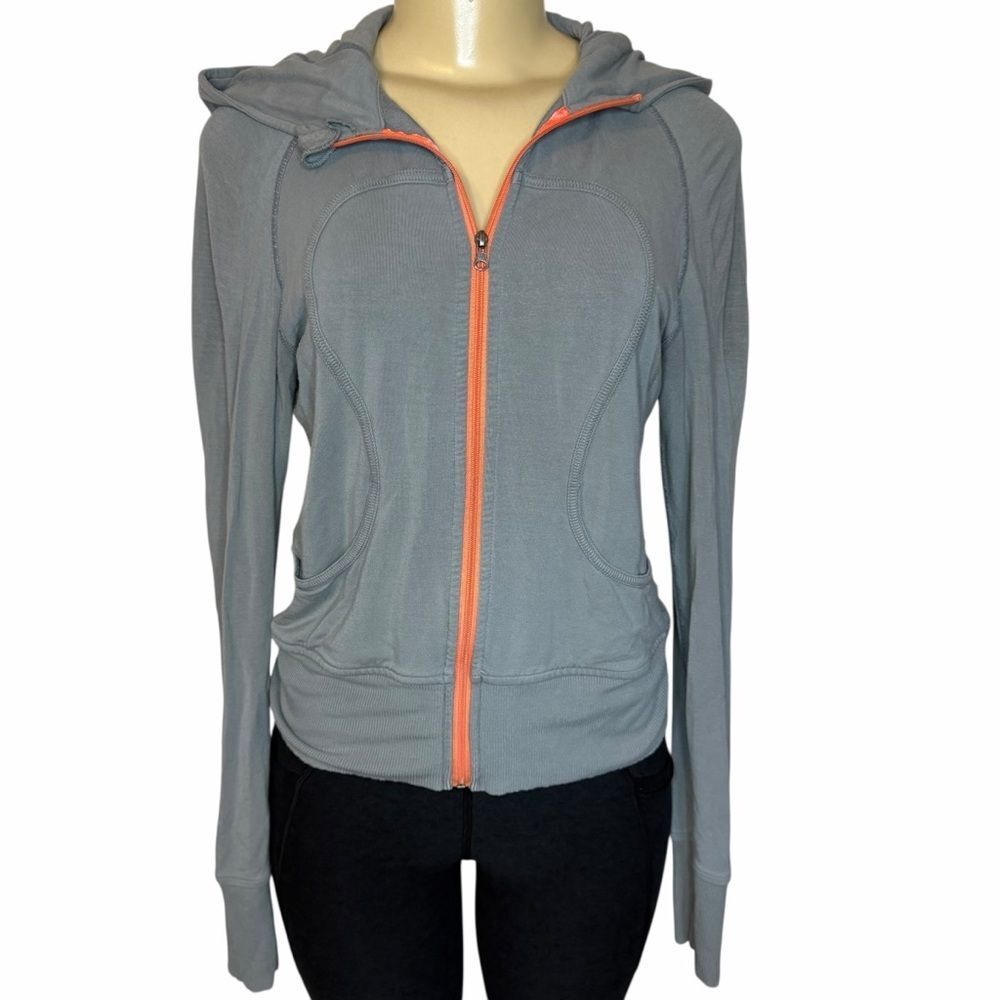 Vintage Lululemon Full Zip-Up Hooded Sweatshirt with gray orange zip details sm